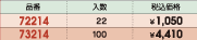 品番&nbsp;72214:入数&nbsp;22:税込価格&nbsp;￥1,050/品番&nbsp;73214:入数&nbsp;100:税込価格&nbsp;￥4,410