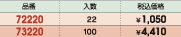 品番&nbsp;72220:入数&nbsp;22:税込価格&nbsp;￥1,050/品番&nbsp;73220:入数&nbsp;100:税込価格&nbsp;￥4,410