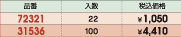 品番&nbsp;72321:入数&nbsp;22:税込価格&nbsp;￥1,050/品番&nbsp;31536:入数&nbsp;100:税込価格&nbsp;￥4,410