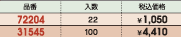 品番&nbsp;72204:入数&nbsp;22:税込価格&nbsp;￥1,050/品番&nbsp;31545:入数&nbsp;100:税込価格&nbsp;￥4,410