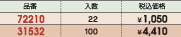 品番&nbsp;72210:入数&nbsp;22:税込価格&nbsp;￥1,050/品番&nbsp;31532:入数&nbsp;100:税込価格&nbsp;￥4,410