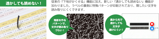 [透かしても読めない！]従来の『下地がかくせる』機能に加え、新しい『透かしても読めない』機能が加わりました。ラベルの裏側に特殊パターンが印刷されており、隠したい文字を読み取りにくくできます。