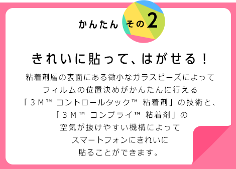 かんたんその2 きれいに貼って、はがせる！ 粘着剤層の表面にある微小なガラスビーズによってフィルムの位置決めがかんたんに行える「３Ｍ™ コントロールタック™ 粘着剤」の技術と、「３Ｍ™ コンプライ™ 粘着剤」の空気が抜けやすい機構によってスマートフォンにきれいに貼ることができます。