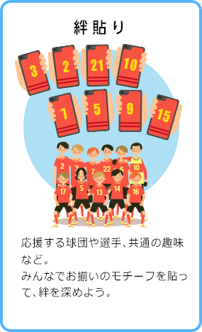 絆貼り 応援する球団や選手、共通の趣味など。みんなでお揃いのモチーフを貼って、絆を深めよう。