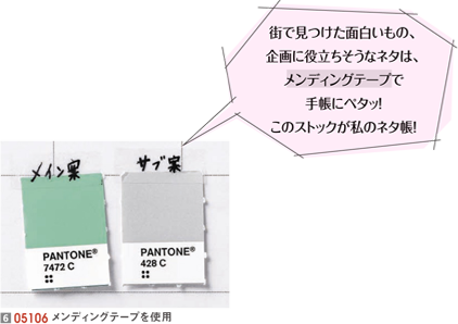 街で見つけた面白いもの、企画に役立ちそうなネタは、メンディングテープで手帳にぺタッ！このストックが私のネタ帳！05106 メンディングテープを使用