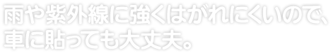 雨や紫外線に強くはがれにくいので、車に貼っても大丈夫。